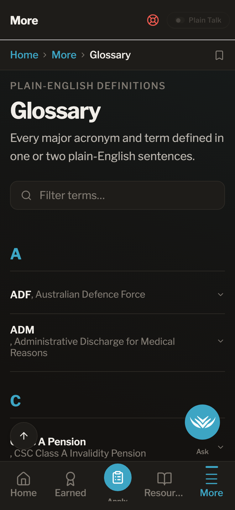 ExitBrief glossary screen